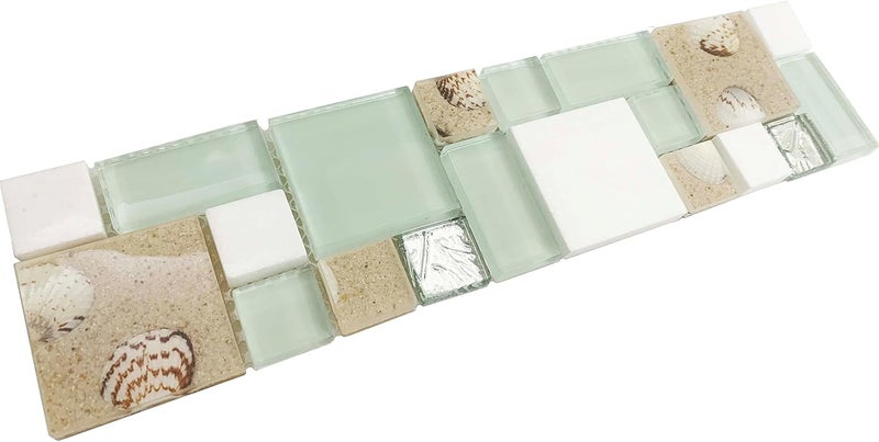 Hominter Coastal Beach Glass Stone Mosaic Tile – Lake Green, White & Sandstone Shell Design for Kitchen Backsplash, Bathroom and Shower Walls, Spa Decor (3x12 Sample) - Image 1
